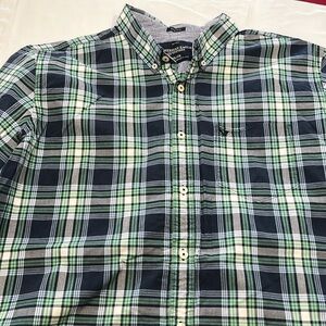American eagle blue green plaid shirt men 2XL athletic fit button front light wt
